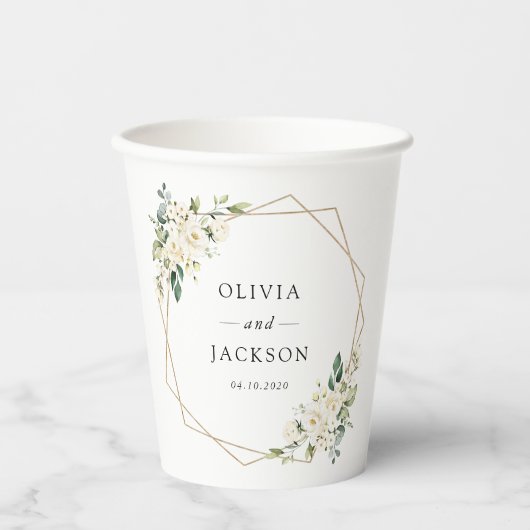 Weiße Blume, cremige Blume, Grünpflanzen, Hochzeit Pappbecher (Vorderseite)