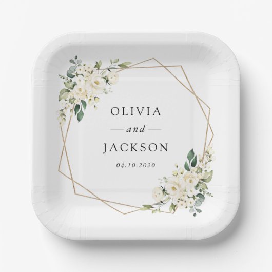 Weiße Blume, cremige Blume, Grünpflanzen, Hochzeit Pappteller (Vorderseite)