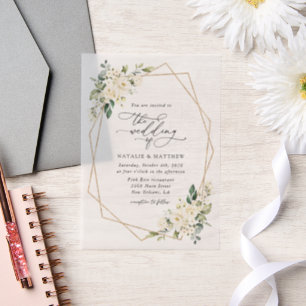 Weiße Blume, cremige Blume, Grünpflanzen, Hochzeit Pergament Einladungen
