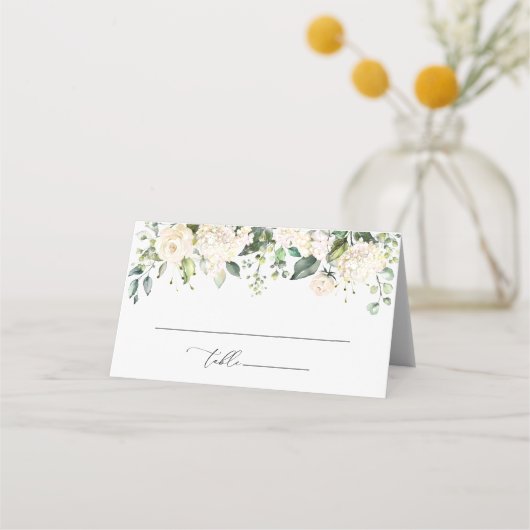 Weiße Blume, cremige Blume, Grünpflanzen, Hochzeit Platzkarte (Vorderseite)