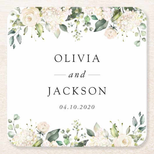 Weiße Blume, cremige Blume, Grünpflanzen, Hochzeit Rechteckiger Pappuntersetzer (Vorderseite)