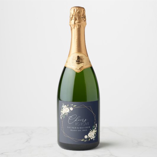 Weiße Blume, cremige Blume, Grünpflanzen, Hochzeit Schaumweinetikett (Vorderseite)