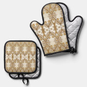 Weiße Blume Decorative Gold Ofenhandschuh & Topflappen-Set (Vorderseite/Rückseite)