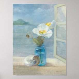 Weiße Blume, die das Meer übersieht Poster