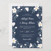 Weiße Blume Dunkelblauer Blumenhochzeit Einladung (Vorderseite)