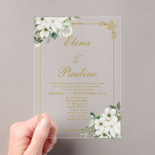 Weiße Blume Elegante Hochzeit Einladung auf Spanis