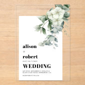 Weiße Blume, Eukalyptus und Bilderhochzeit Acryleinladungen (Vorderseite)