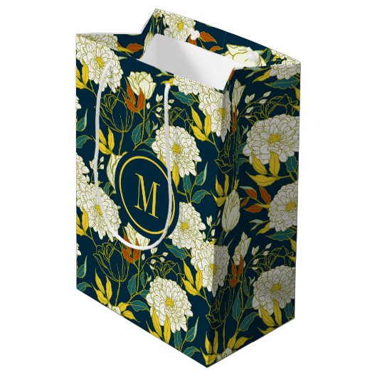 Weiße Blume farbiges Blätter Muster Mittlere Geschenktüte (Rückseite Schrägansicht)