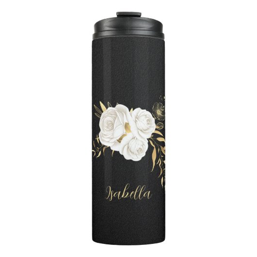 weiße Blume Gold Blätter schwarz Thermosbecher (Vorderseite)