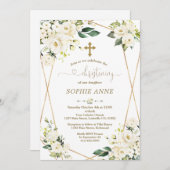 Weiße Blume Gold Girl Christening Einladung (Vorne/Hinten)