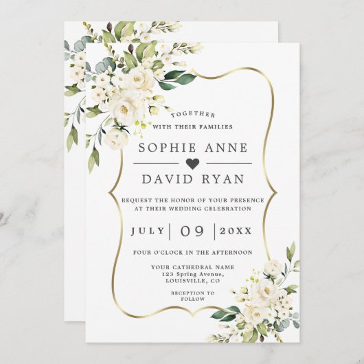 Weiße Blume Gold in einer Hochzeit Einladung (Vorne/Hinten)