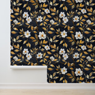 Weiße Blume Goldblatt auf Schwarz Tapete