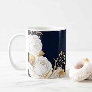 Weiße Blume goldene Blätter marineblau Kaffeetasse