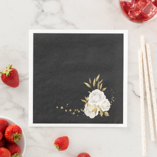 weiße Blume goldene Blätter schwarze Papier-Servie Serviette