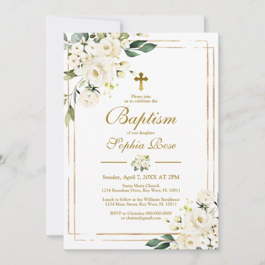 Weiße Blume & Goldrahmen Girl-Taufe Einladung (Vorderseite)