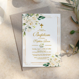 Weiße Blume & Goldrahmen Girl-Taufe Einladung