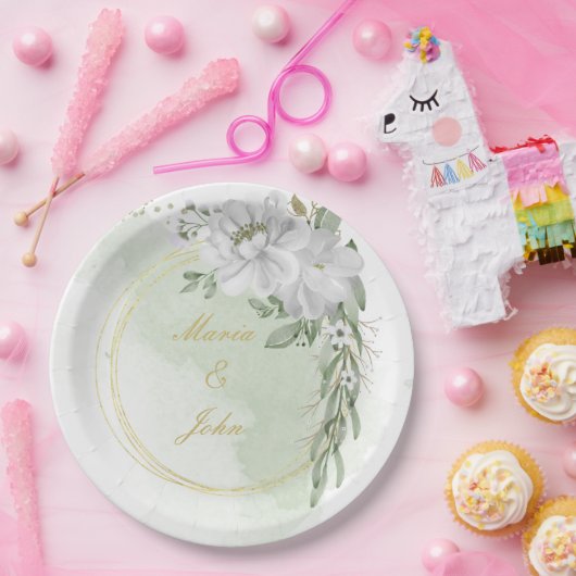 Weiße Blume Grün Blätter Goldkranz Wein Pappteller (Party)