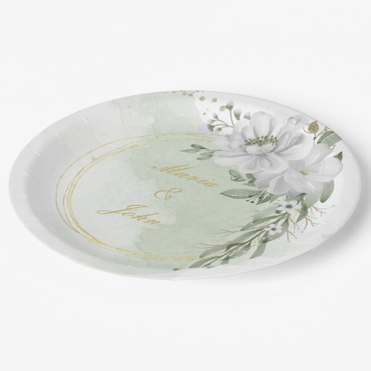 Weiße Blume Grün Blätter Goldkranz Wein Pappteller (Schrägansicht)