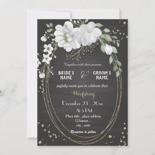 Weiße Blume Grün Blätter Schwarze Hochzeit Einladung (Vorderseite)