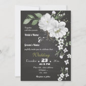 Weiße Blume Grün Blätter Schwarze Hochzeit Einladung (Vorderseite)