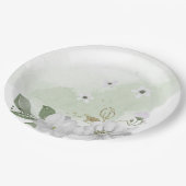 Weiße Blume Grün Blätter Weiß Grün Pappteller (Schrägansicht)