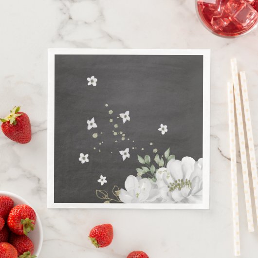 Weiße Blume grüne Blätter Black Paper Diner Napki Serviette (Beispiel)