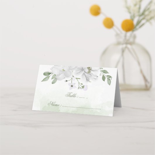 Weiße Blume Grüne Blätter botanisch Platzkarte (Vorderseite)