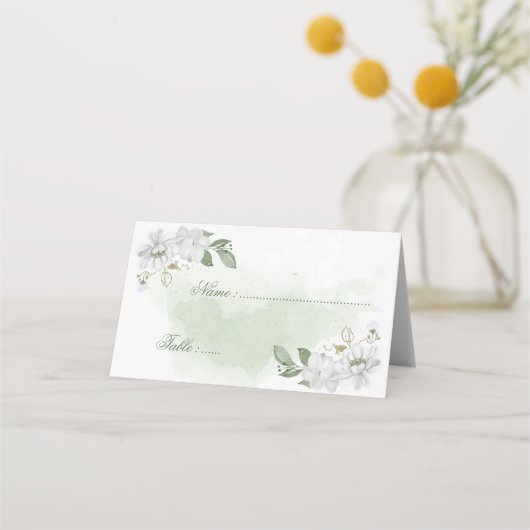 Weiße Blume Grüne Blätter botanisch Platzkarte (Vorderseite)
