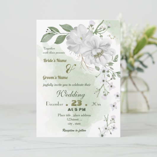 Weiße Blume Grüne Blätter Hochzeit Einladung (Stehend Vorderseite)