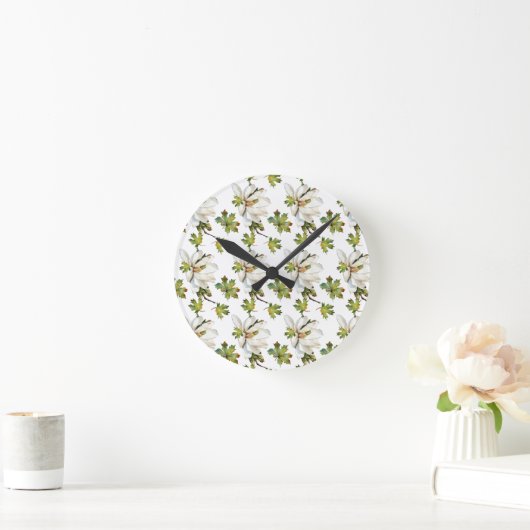 Weiße Blume Grüne Blätter Runde Wanduhr (Zuhause)