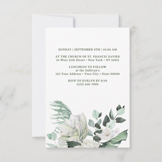 Weiße Blume Grüne Bouquet Taufe Einladung (Rückseite)