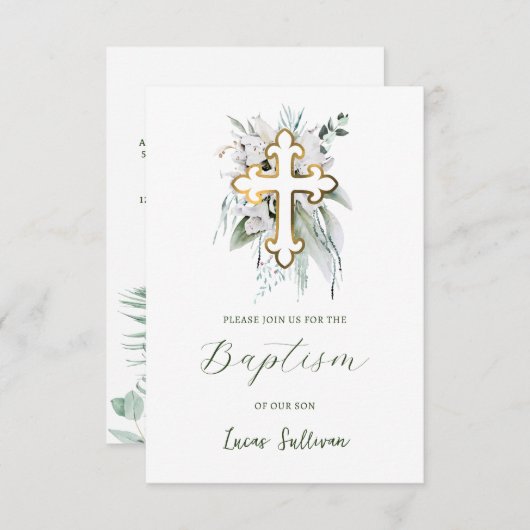Weiße Blume Grüne Bouquet Taufe Einladung (Vorne/Hinten)