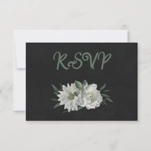 Weiße Blume, grüne Speisen, schwarz RSVP Karte (Rückseite)