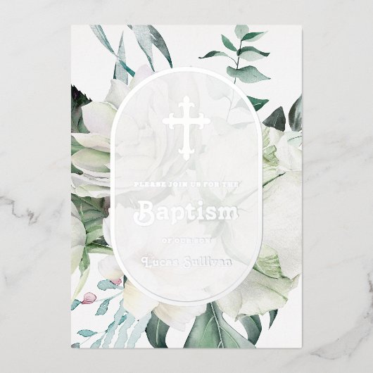 Weiße Blume Grüne Taufe Foil Einladung (Vorderseite)