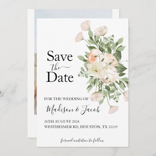 Weiße Blume Grünpflanzen Sukkulent Save the Date Einladung (Vorne/Hinten)