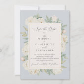 Weiße Blume, hellblau Save the Date Einladung (Vorderseite)