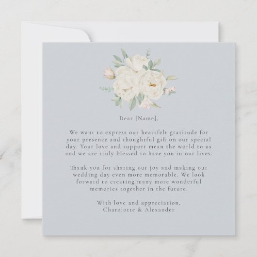 Weiße Blume, hellblaue Hochzeit Dankeskarte (Rückseite)