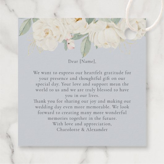 Weiße Blume, hellblaue Hochzeit Geschenkanhänger (Rückseite)