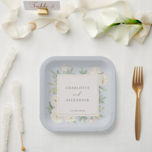 Weiße Blume, hellblaue Hochzeit Pappteller (Hochzeit)