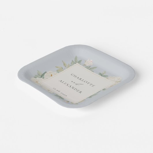 Weiße Blume, hellblaue Hochzeit Pappteller (Gewinkelt)