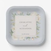 Weiße Blume, hellblaue Hochzeit Pappteller (Vorderseite)