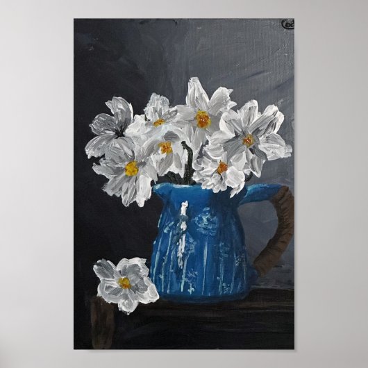 Weiße Blume in einem blauen Pitcher Poster (Vorne)