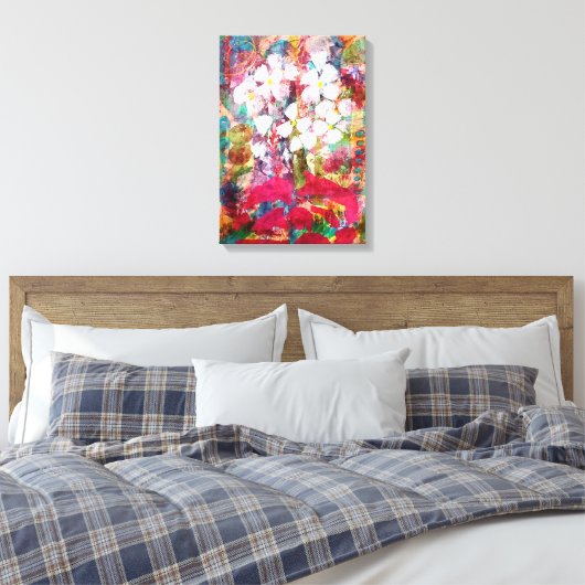 Weiße Blume in rosa, rosafarbene, gesteppte Leinwa Leinwanddruck (Insitu (Schlafzimmer))