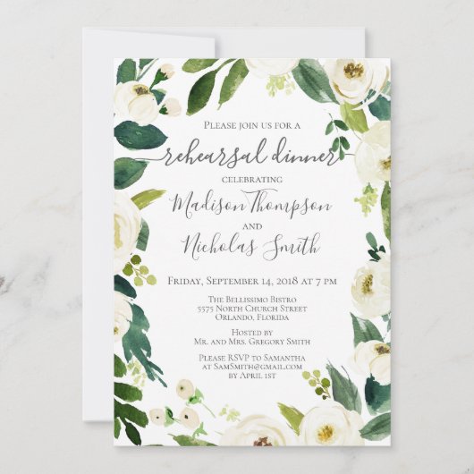 Weiße Blume Kleider Probe Abendessen Einladung (Vorderseite)