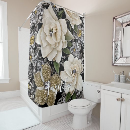 Weiße Blume mit Glitzer und Personalisiertem Namen Duschvorhang (Beispiel)