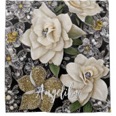 Weiße Blume mit Glitzer und Personalisiertem Namen Duschvorhang (Vorderseite)