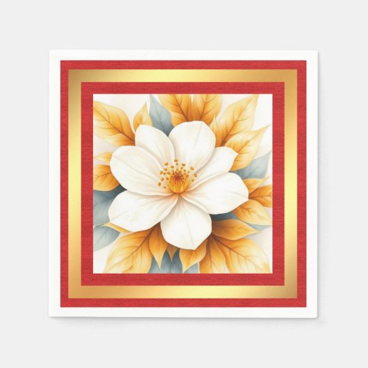 Weiße Blume mit goldenen Blättern Serviette (Vorderseite)
