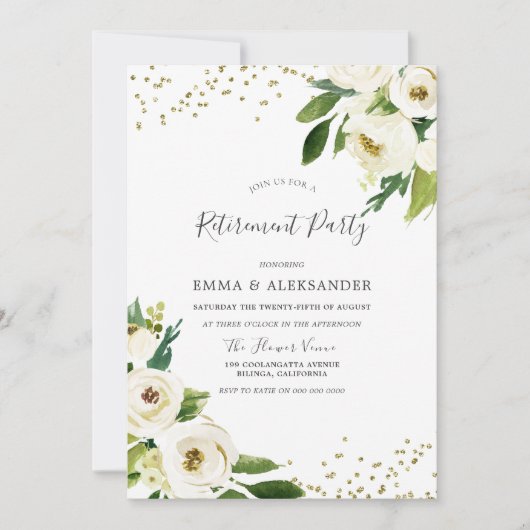 Weiße Blume Modernes Gold Rentirement Party laden Einladung (Vorderseite)