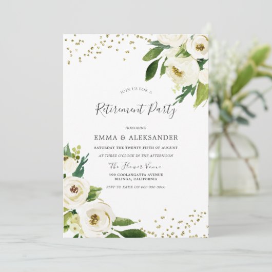 Weiße Blume Modernes Gold Rentirement Party laden Einladung (Stehend Vorderseite)