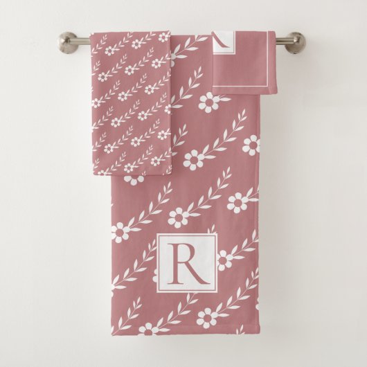 Weiße Blume Muster und monogramm staubige Rose Badhandtuch Set (Insitu)
